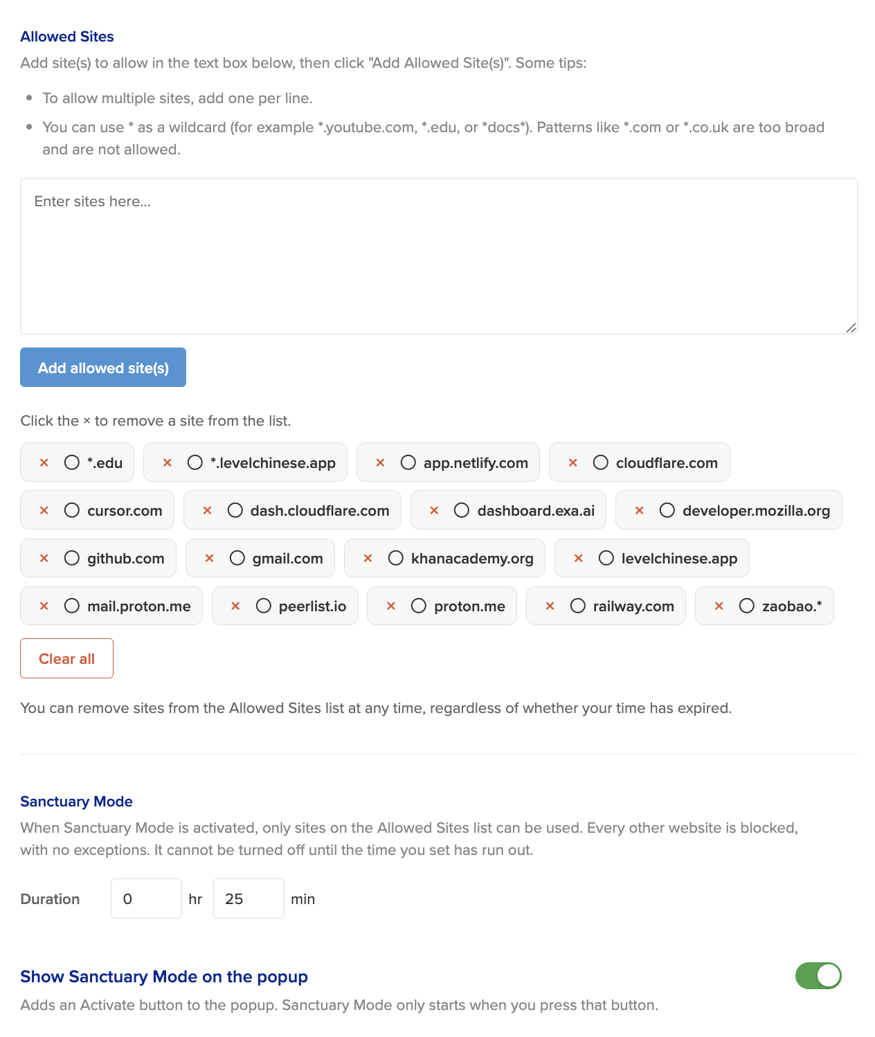 Allowed Sites list and Sanctuary Mode duration settings