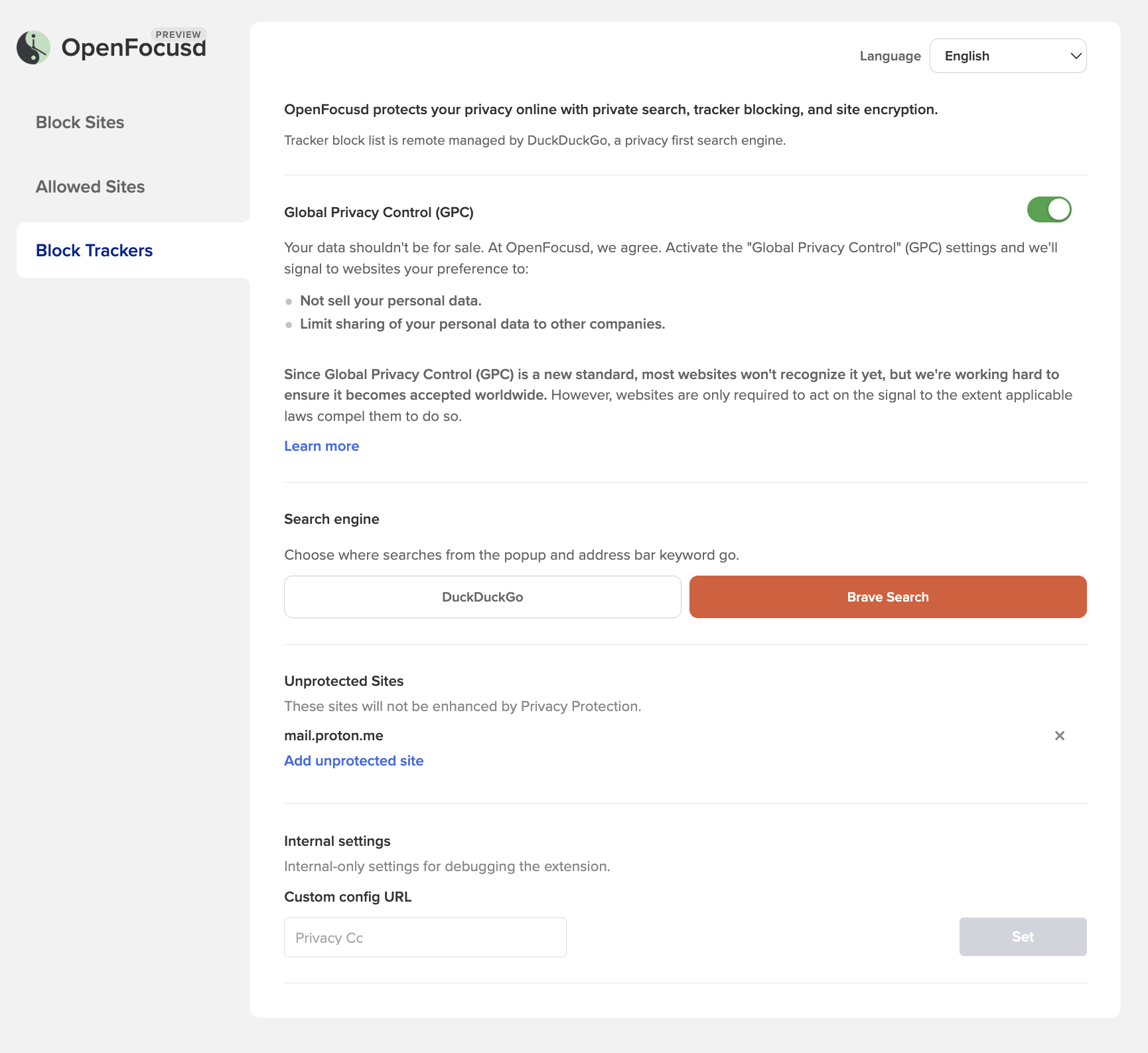 Block Trackers page with Global Privacy Control and search engine choices