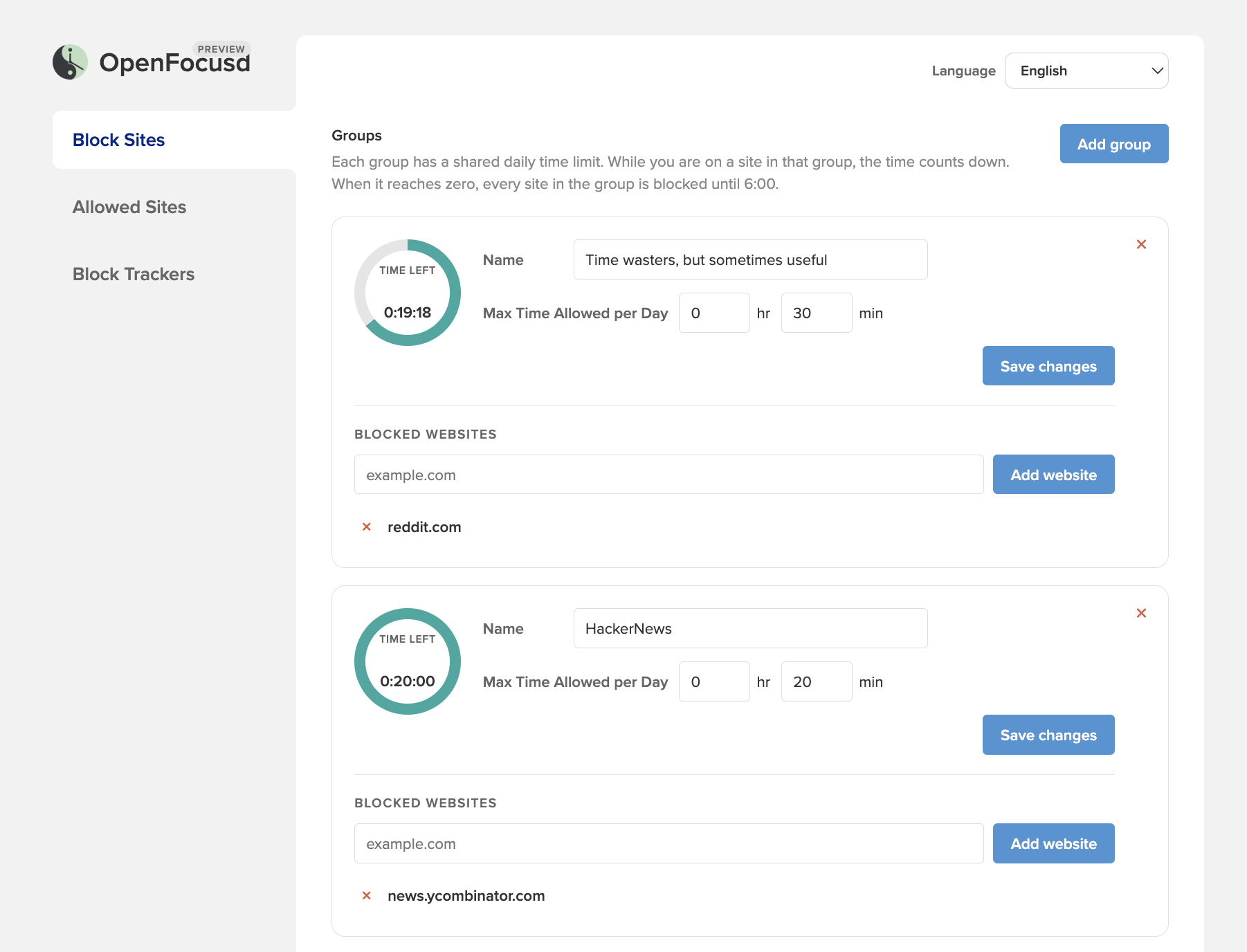 Block Sites groups with circular timers and daily time limits