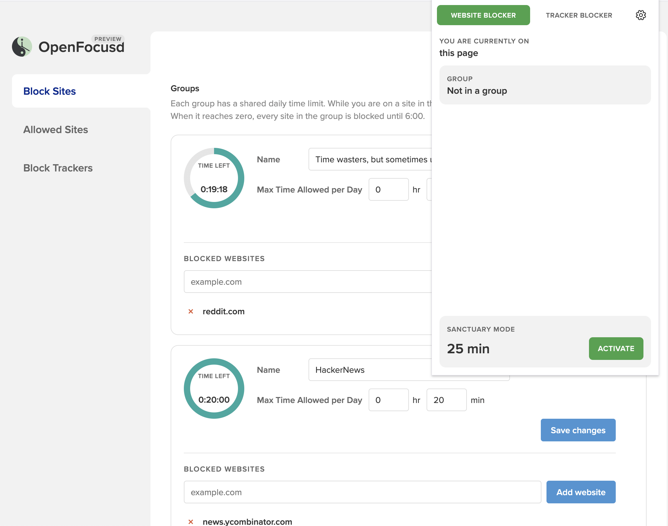 Extension popup over the Block Sites options page